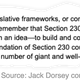 A snippet from Jack Dorsey's testimony on Oct. 28, 2020 that reads: "As we consider developing new legislative frameworks, or committing to self-regulation models for content moderation, we should remember that Section 230 has enabled new companies—small ones seeded with an idea—to build and compete with established companies globally. Eroding the foundation of Section 230 could collapse how we communicate on the Internet, leaving only a small number of giant and well-funded technology companies."